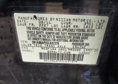 2012 Nissan Sentra 2.0 Sr z USA, uszkodzony, nr VIN 3N1AB6AP2CL637379